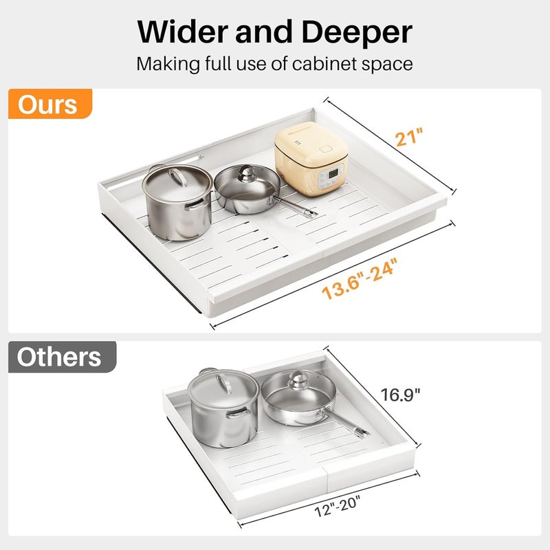 PXRACK Pull out Cabinet Organizer, 1-Pack Expandable(13.6"-24") Silde out Drawers with Raising Pad for Framed Cabinets, Adjustable Full-Extension Adhesive Roll out Shelves for Kitchen Pantry Home Pot and Pan - Image 2